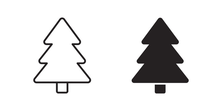 Pine tree contour line and solid icons vector on checkered background.