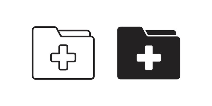 Medical folder icon set with cross symbol for hospital records management.