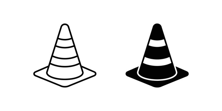 Safety traffic cone flat icon black line art for construction zone alert.