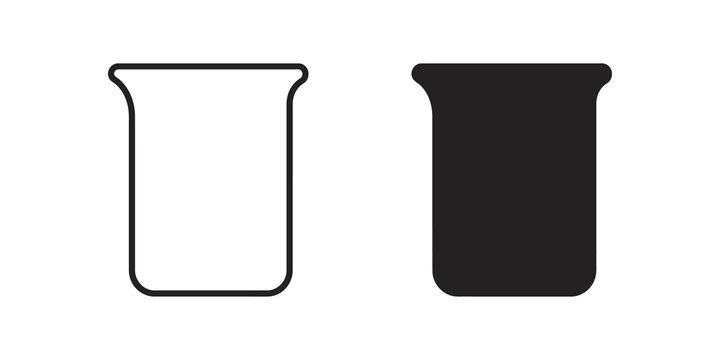 Laboratory glass beaker outline and solid flat style symbol group.