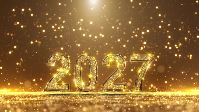 Glittering 2027 figures glow golden surface luminous bokeh falls spotlight. sophisticated countdown screens, milestone reveals, banquet displays, seasonal campaigns, invitations, elegant promotional