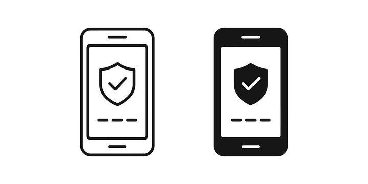 Mobile phone with security shield icon flat design black line graphic.