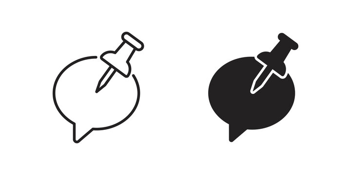 Black message speech bubble with push pin flat icon for communication.