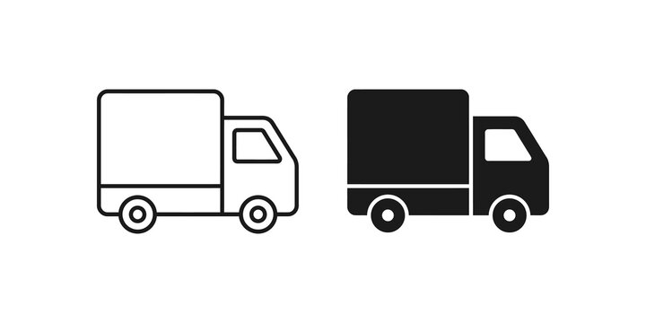 Delivery truck vector icon set in outline and solid black style.