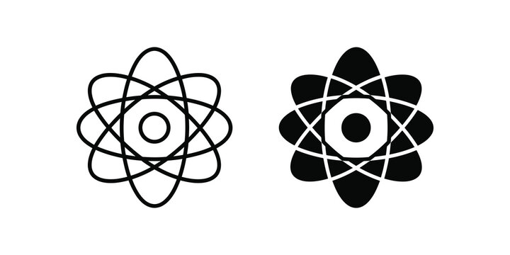 Atom structure science physics molecule line and solid flat icon set.
