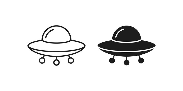 Black flying saucer icon depicting a retro style alien spaceship illustration.