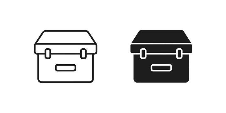 Storage box icon set with black and outline styles for organization apps.