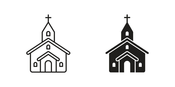 Christian church building silhouettes with cross for religious services.