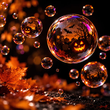 Bulles transparentes avec citrouilles d&rsquo;Halloween dans une ambiance automnale