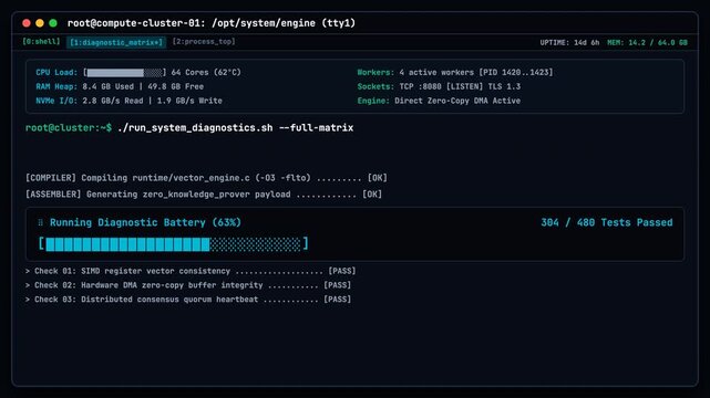 Digital terminal interface showing a system diagnostic script running with a progress bar and status checks.
