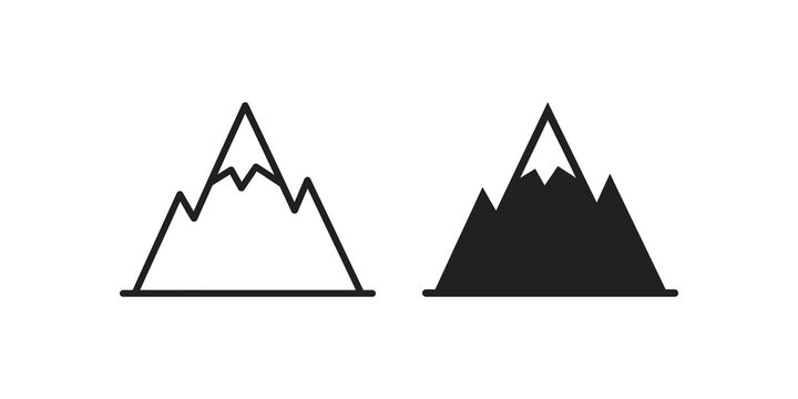 Mountain peaks linear and solid icons representing nature and climbing.