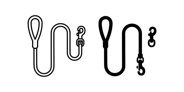 Pet leash line and silhouette black icon set for veterinary services.