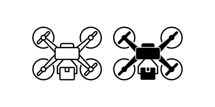 Black delivery drone with package box icon for logistics technology.