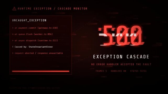 Digital system error screen with 500 exception cascade warning and red glitch effects.