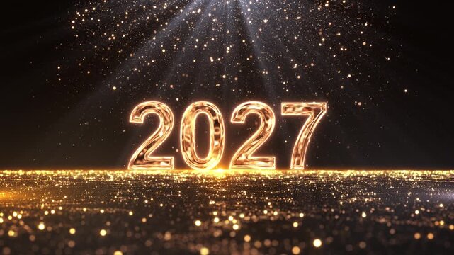 A refined 2027 centerpiece glows amber shimmer, golden dust, dramatic stage backdrop. for gala invitations, corporate milestones, premium advertising, event trailers, presentations, seasonal campaigns