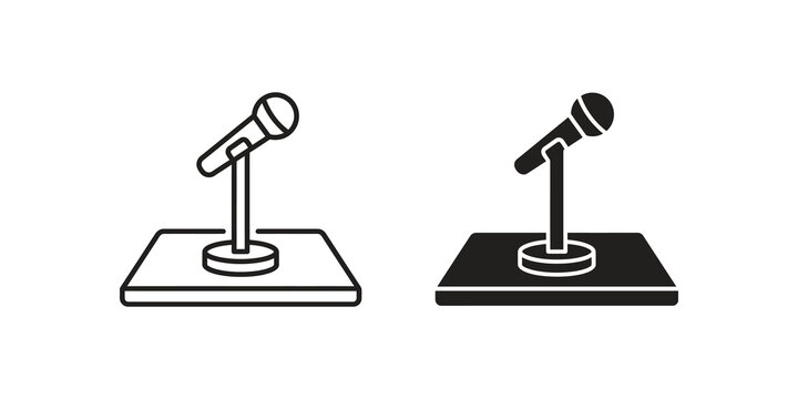 Black outline and solid microphone on stage stand icon vector format.