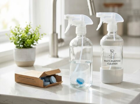 refillable household cleaning bottles Two clear spray bottles with cleaning tablets on a kitchen countertop.