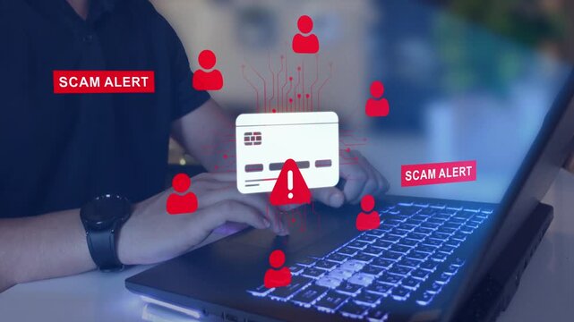 Financial scam concept showing bank card fraud, online payment risk. Security alert, data protection and identity theft warning in digital banking.
