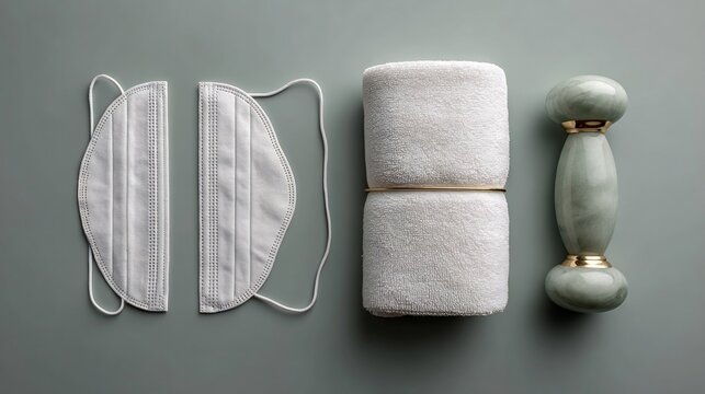 Spa and self-care essentials flat lay: Split disposable white face mask, rolled clean towels, and a green jade facial roller on a muted background.