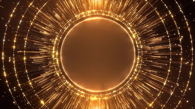 Premium 2027 centerpiece emerges amber energy portal of luminous rings, streaks, sparkle. innovative brand launches, corporate milestones, award shows, event trailers, presentations, festive displays.