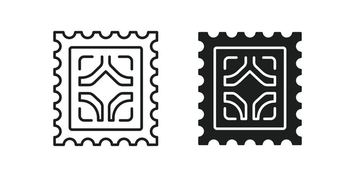 Postage stamp black outline and solid design for mail and collectibles.