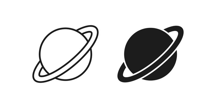 Saturn planet astronomy outline and solid silhouette vector icons.