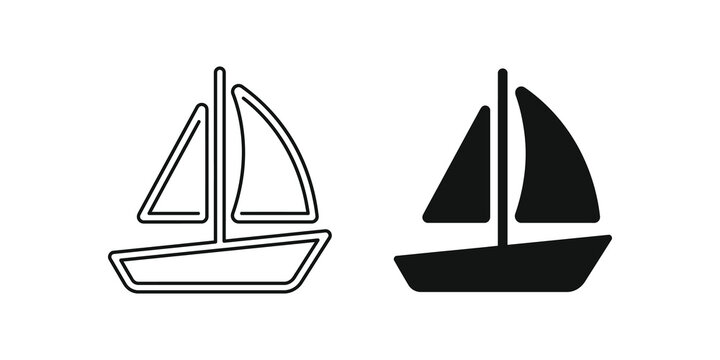 Sailboat vector line and solid icons for marine transport design.