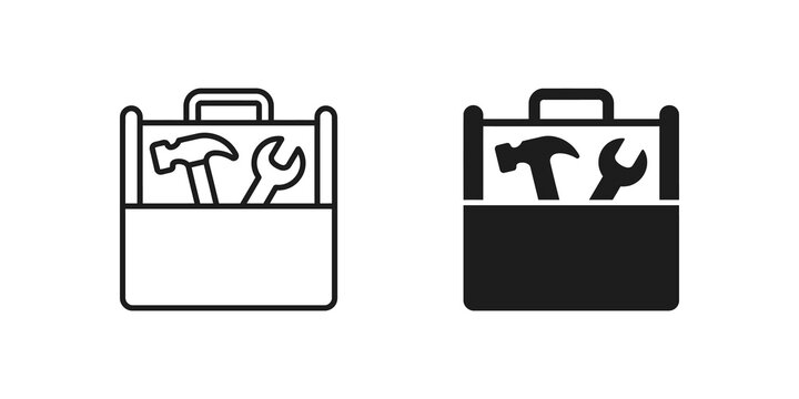 Black toolbox linear and solid icons set for repair and maintenance.