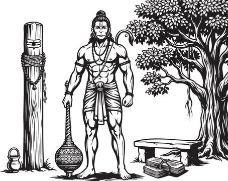Black and white of lord hanuman standing with a gada mace hindu deity monkey god