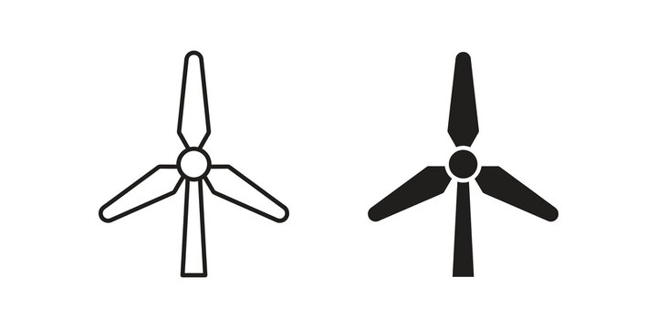 Wind turbine icon set featuring flat black and outline energy technology.