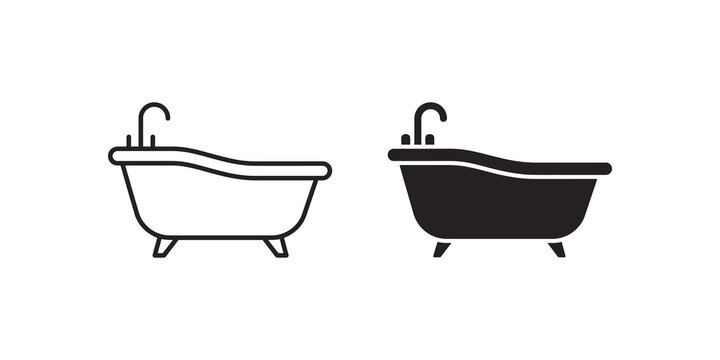 Bathtub with faucet and legs flat icons black outline design element.
