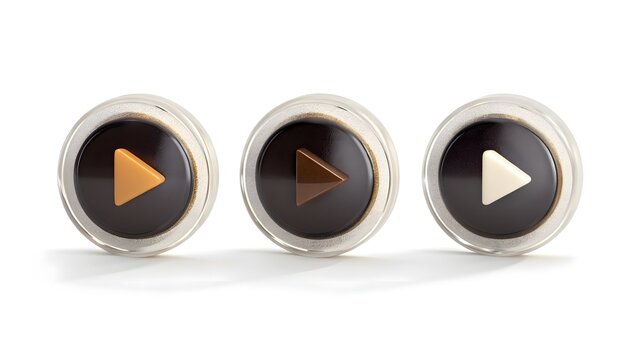 Three 3D rendered circular play buttons with metallic frames on a white background