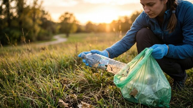 Woman picking up plastic trash in a park during sunset
