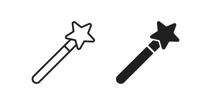 Magic wand with star black line and solid icons for creative design tool.