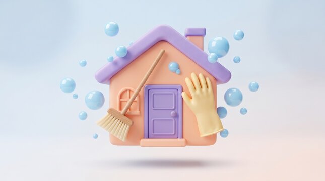 Sparkling Home Cleanliness: A charming, cartoonish house is meticulously cleaned, with a broom, rubber glove, and bubbles symbolizing a spotless and hygienic living space.