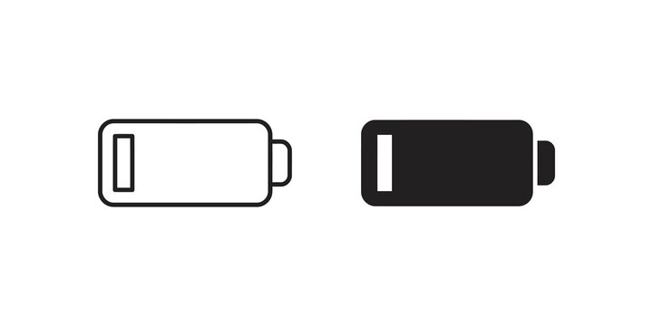 Low battery indicator outline and solid vector icons on grid background.