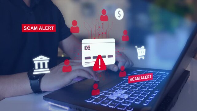 Financial scam concept showing bank card fraud, online payment risk. Security alert, data protection and identity theft warning in digital banking.
