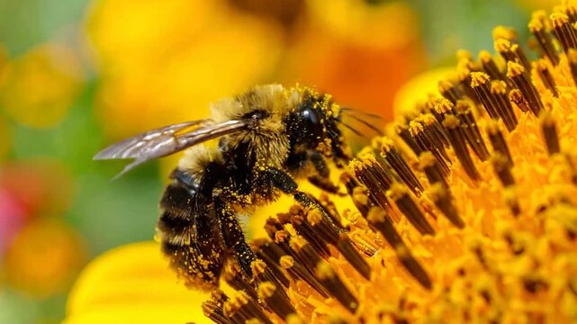 Macro bumblebee on yellow sunflower.