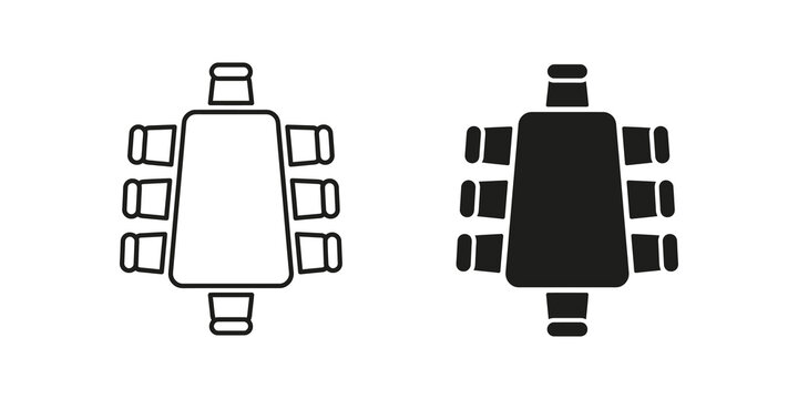 Conference table with chairs outline and solid icon for office layouts.
