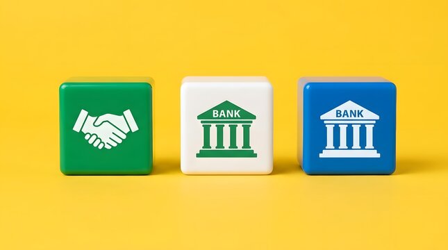 Three colorful plastic cubes with bank and handshake icons on a yellow background.