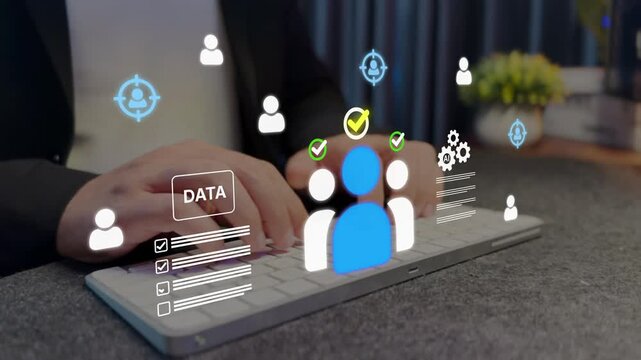 AI and data analysis to identify target audience. Concept of customer segmentation, partner profiling, predictive analytics, CRM system, and strategic business intelligence