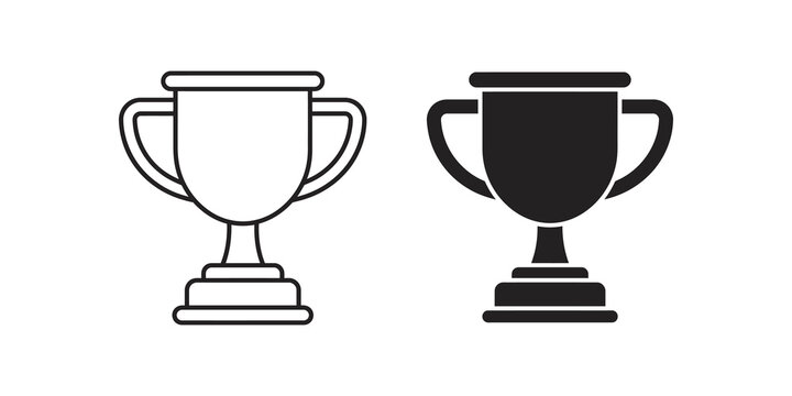 Gold trophy cup icon set black and white outlines for award competition.