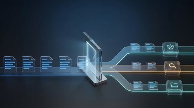 Document Sorting and Data Processing Concept with Digital Files and Security Shield
