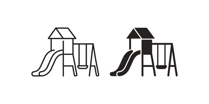 Children playground slide and swing line and solid vector web icons.
