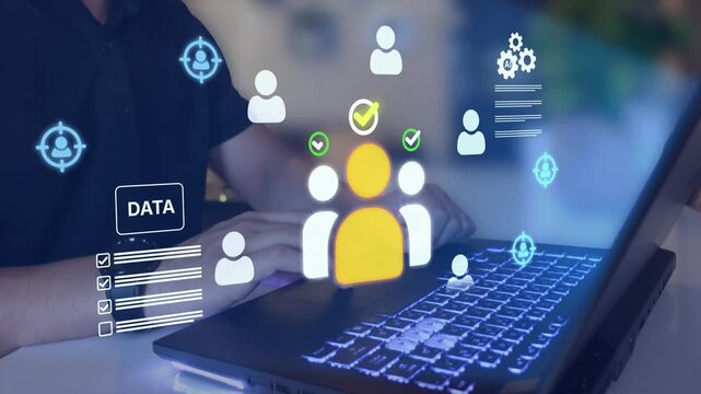 AI and data analysis to identify target audience. Concept of customer segmentation, partner profiling, predictive analytics, CRM system, and strategic business intelligence