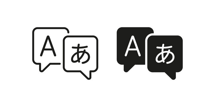 Black translation speech bubbles with English and Japanese alphabets.