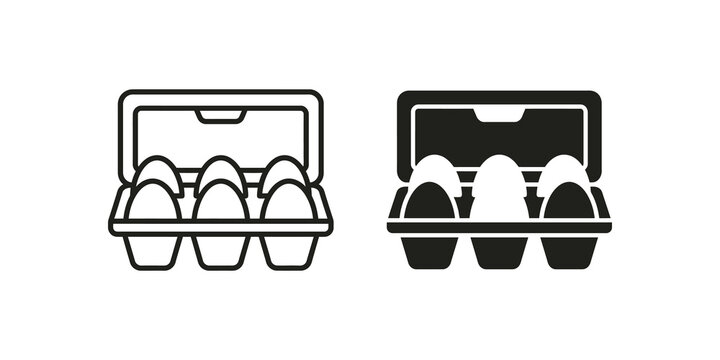 Chicken egg carton container icon set for grocery and farming labels.