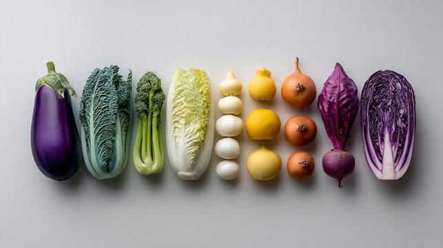 Fresh Vegetables Arranged in a Color Gradient on White Background, Top View