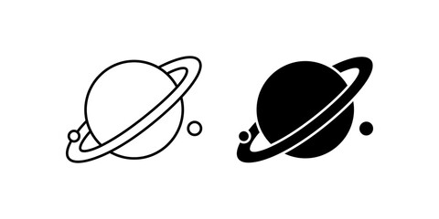 Black and white saturn planet icon with rings for astronomy or space. © SAJID