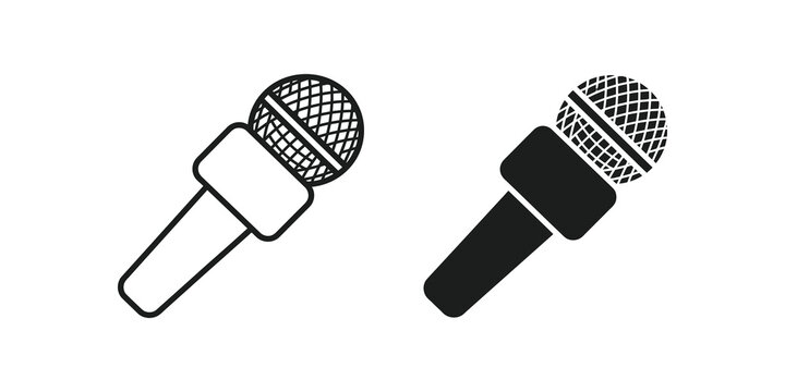 Microphone studio equipment icons in outline and solid vector line style.